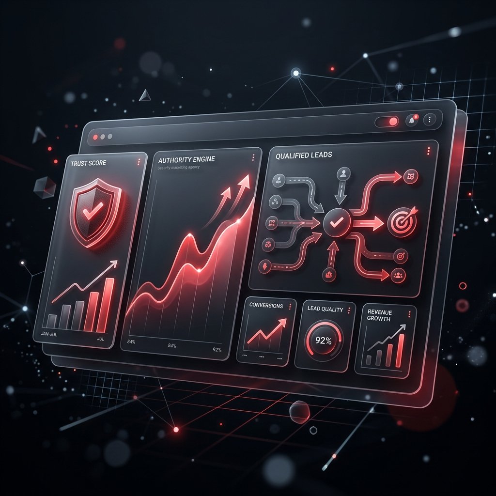 Security marketing dashboard highlighting trust, authority, and conversion performance